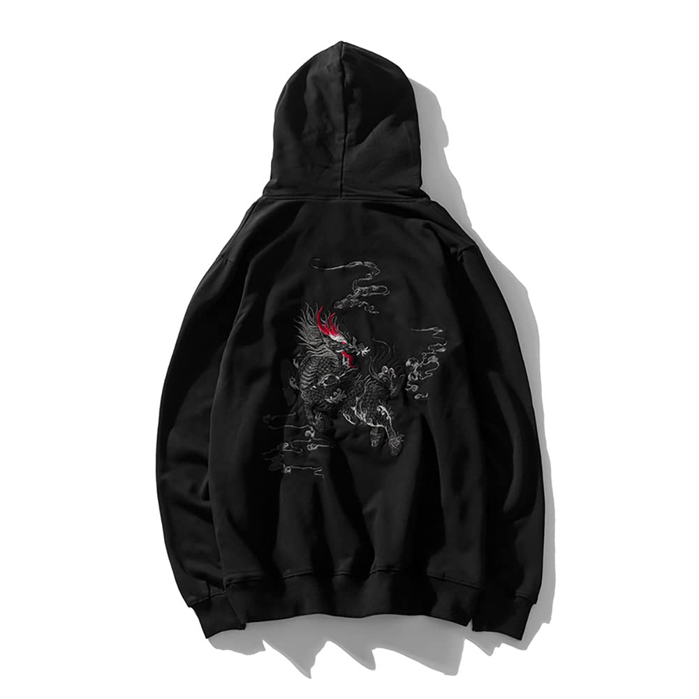 Niepce Inc Men's Black-Kirin Japanese Streetwear Dragon Embroidery Hoodie, Medium