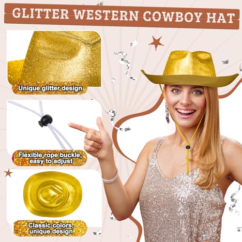 Image of Shyyween 24pcs Sparkly Western Cowgirl Hats for Adult Bulk Glitter Cowboy Hat Adjustable for Men Women Bachelor Western Party