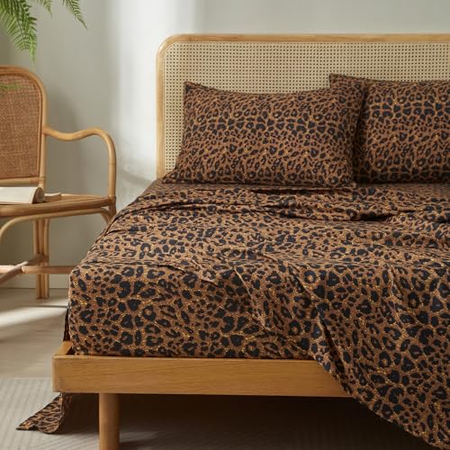 HighBuy Queen Bed Sheet Sets Leopard Print - 4 Piece Vintage Brown Leopard Cheetah Pattern Sheets Set - Luxury Soft Bedding Queen Bed Sheets Extra Deep Pockets 16 Sheet & Pillowcase Sets