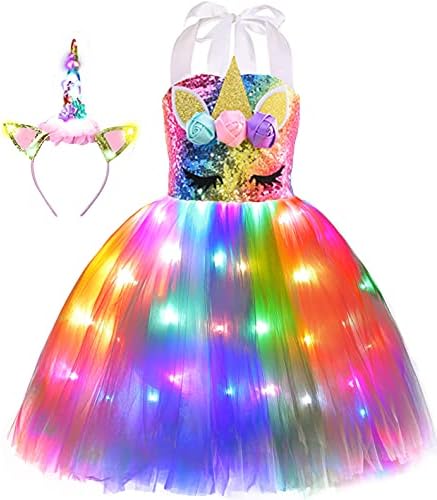 Viyorshop Girl Unicorn Costume LED Light Up Unicorn Tutu Dress for Halloween Party Costumes (Rainbow Sequins, 5-6 Years)