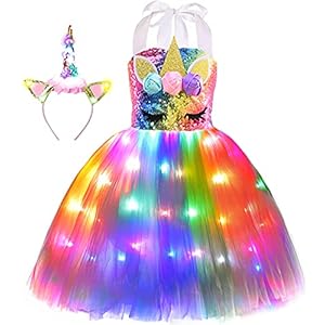 Viyorshop Girl Unicorn Costume LED Light Up Unicorn Tutu Dress for Halloween Party Costumes(Rainbow Sequins, 7-8 Years)