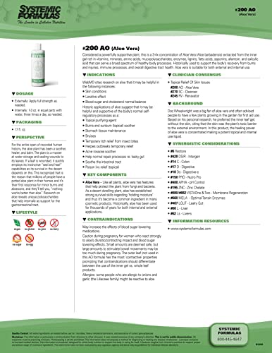 Systemic Formulas Ao – Aloe Vera 16 Fl Oz Bioextract #200. 3-4X Concentration Of Aloe Vera Extract From Inner Gel Rich. For Internal & External Use. #TOP1