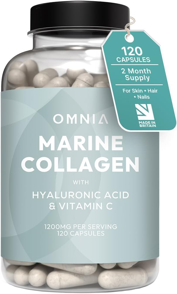 Omnia Marine Collagen Capsules 1200mg, Premium Skin, Hair & Nail Health Support for Women & Men, Enriched with Type I Collagen, Hyaluronic Acid & Vitamin C, High-Potency Formula, UK Made -120 Capsules