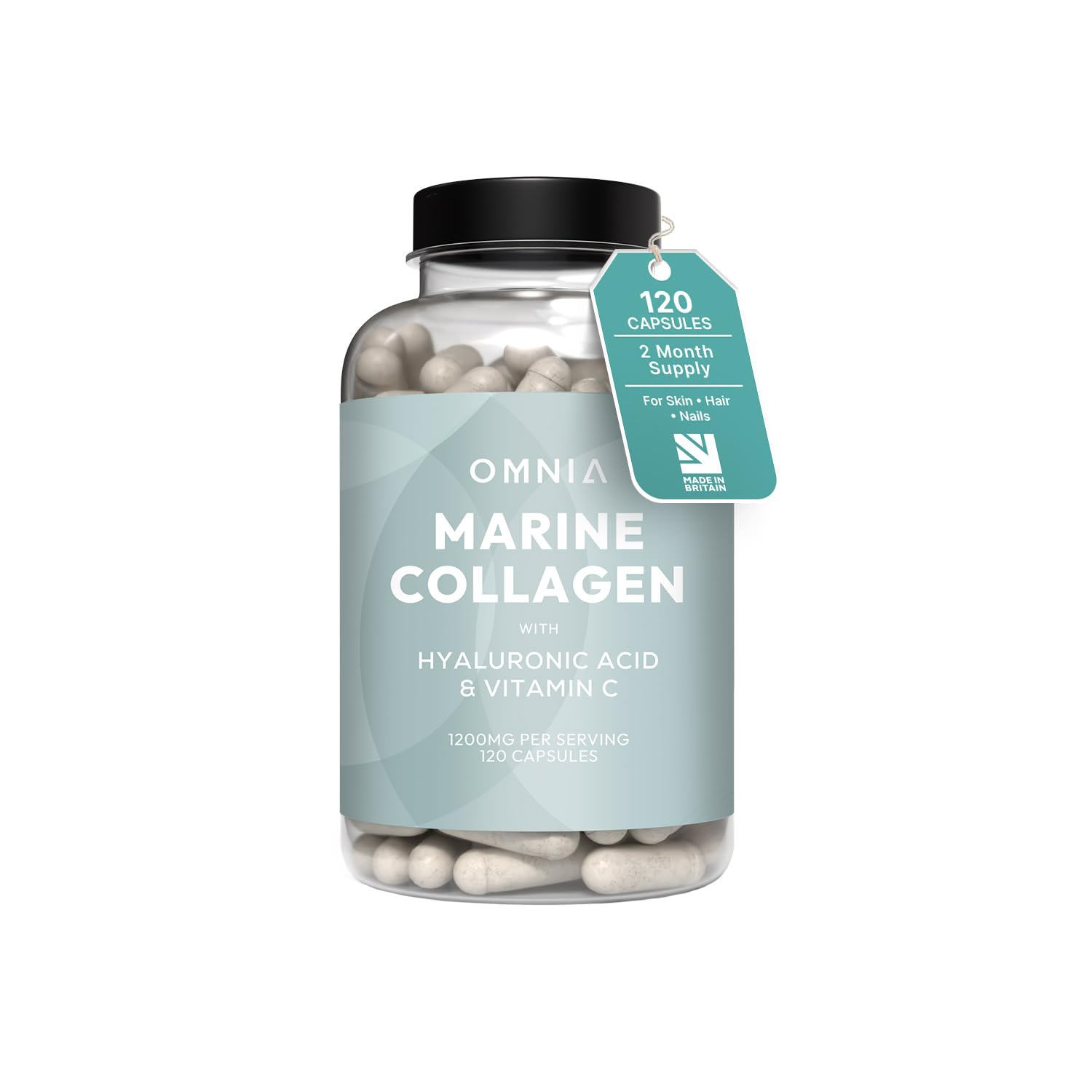Omnia Marine Collagen Capsules 1200mg, Premium Skin, Hair & Nail Health Support for Women & Men, Enriched with Type I Collagen, Hyaluronic Acid & Vitamin C, High-Potency Formula, UK Made -120 Capsules