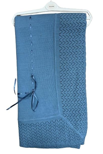 New Adorable Baby Blanket Spanish Knitted Shawl with Ribbon: Soft and Stylish Wrap for Your Little One (Denim Blue)
