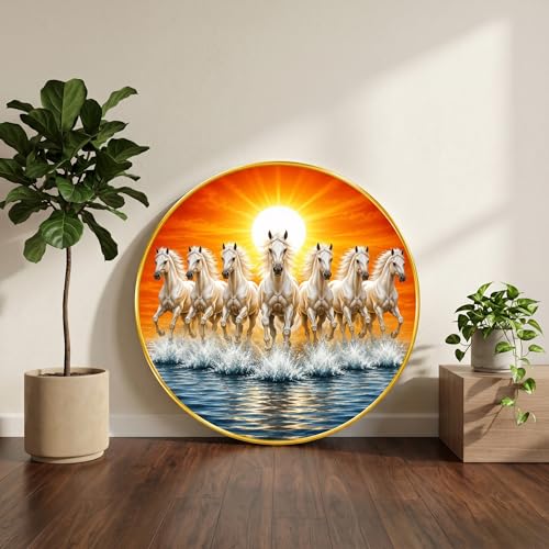Image of SAF 7 Horse Vastu Round Wall Painting with Premium PVC Golden Frame, White Running Horses Sunrise Water Art for Living Room Office Home Decor Gift (16 x 16 Inch) GRM-445