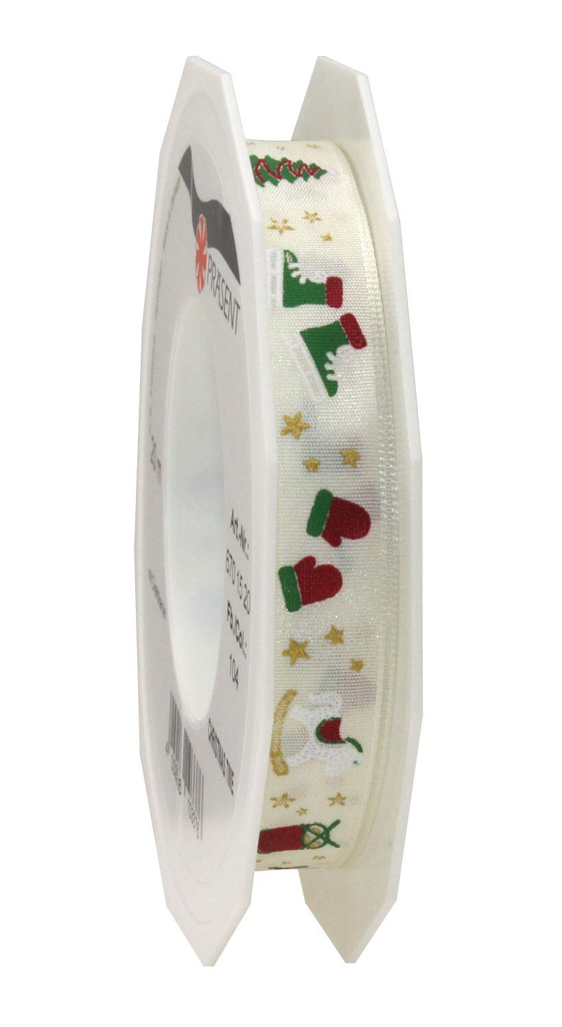Präsent - Christmas Time Printed Ribbon Cream 15 mm Width, 20 m Length, Red-white, 15 mm - 20 m