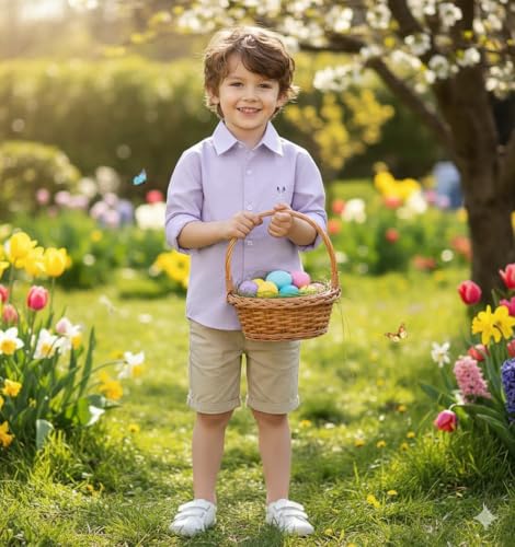 Image of OCHENTA Boys' Long Sleeve Button Down Cute Rabbit Casual Dress Easter Shirt | Oxford Cotton, Embroidered Bunny, Shirts for Boys School & Easter, Church, Wedding, Family Photos, Holiday Outfit