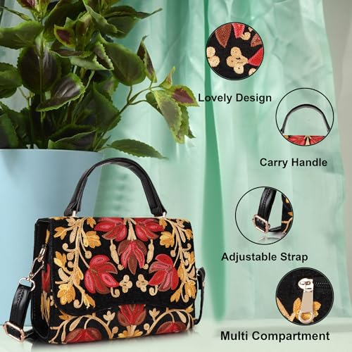 Image of Floral Embroidered Crossbody Sling Bag with Top Handle, Vintage Style Canvas for Women