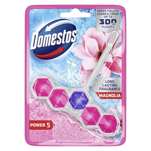 Domestos Power 5 Magnolia Toilet Rim Block toilet freshener with a long-lasting fragrance cleans and freshens for up to 300 flushes 50 g