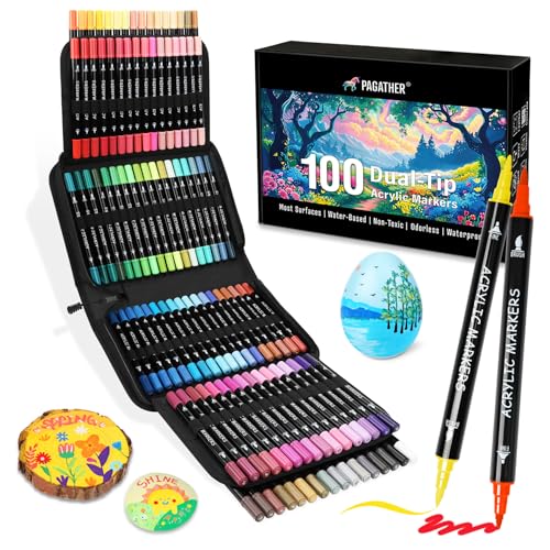 Image of Pagather 100 Colors Acrylic Paint Markers, Dual Tip with Fine Tip and Brush Tip Pens for Fabric, Stone, Wood, Canvas, Ceramic, Metal, Glass, Rock Painting, DIY Crafts Art Supplies Kit