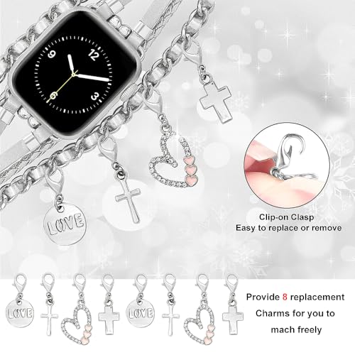 REALSIGN Boho Leather Band Compatible with Apple Watch 41 40 38mm Women,Stylish Bracelet with Detachable Pendants Unique Charms Strap for iWatch Series 10 9 8 7 6 5 4 3 2 SE (M3-Cross Silver, 38MM) by REALSIGN - Used condition - Image 2