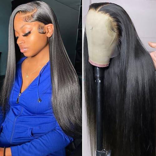 13x4 Lace Front Wigs Human Hair Bleached Knots Human Hair Wigs for Black Women, Pre Plucked 180% Density Straight Human Hair Wig with Baby Hair Natural Color (22 Inch)