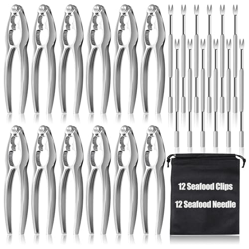24 Pcs Crab Leg Crackers Set, 12 Nut Crackers, 12 Stainless Steel Forks, Shellfish Crackers and Tools for Seafood Boil Party Supplies, Dishwasher Safe