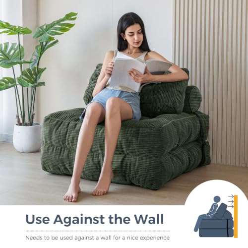 Image of MAXYOYO Folding Sofa Bed, Convertible Chair Bed with Pillow | Foldable Couch with Back Support, Portable Fold Out Chair Comfy Floor Sofa for Living Room Bedroom, Dark Green, Single