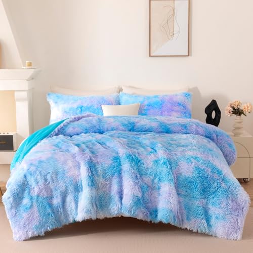 Blue Fluffy Faux Fur Twin Comforter Set (3‑Piece)