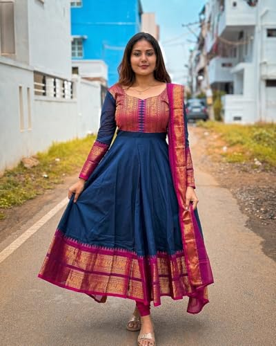Image of Women's Vichitra Silk Anarkali Gown with Dupatta, Navy Blue Flared Traditional Dress with Magenta Zari Border, Jacquard Weaving Full Sleeves Ethnic Suit