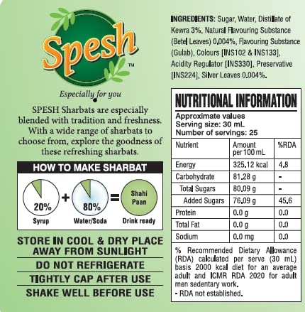 Image of SPESH Shahi Paan Sharabat 700 ML | Premium Instant Refreshing Drink | Ready to Mix With Water, Milk, Ice Creams, Faloodas, Mock Tails, Desserts & Sweets