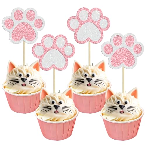 Gyufise 24Pcs Paw Cupcake Toppers Glitter Dog Paw Cake Decorations Glitter Puppy Cupcake Toppers for Girl Baby Shower Boys Girls Birthday Party Cake Supplies Pink