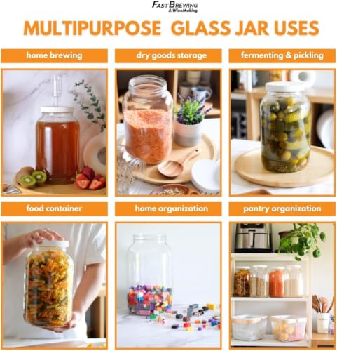 Image of FastRack 4-Pack 1 Gallon Glass Jar with 5 Airtight Metal Lids (1 Extra Bonus Lid) | Wide Mouth Jars for Fermenting, Pickling, Sourdough Starter, and Home Brewing | Heavy Duty Food Storage Canisters