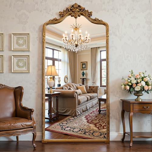 Antok Floor Mirror, 70"×28" Vintage Full Length Mirror Carved Full Body Mirror with Stand, Hanging Mounted for Bedroom Living Room Cloakroom,Gold,Retro Style