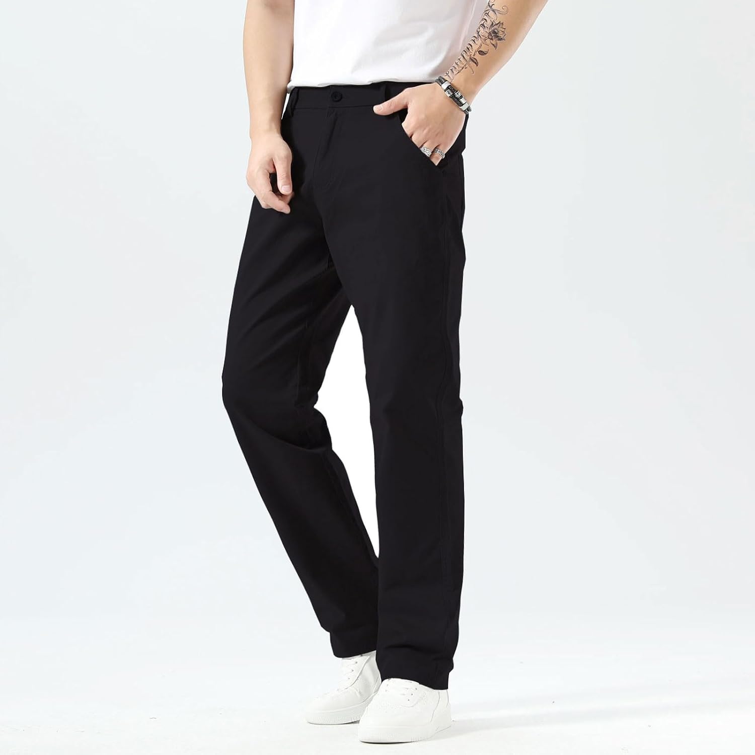 Plaid&Plain Men's Khaki Pants Stretchy Straight Fit Elastic Waistband