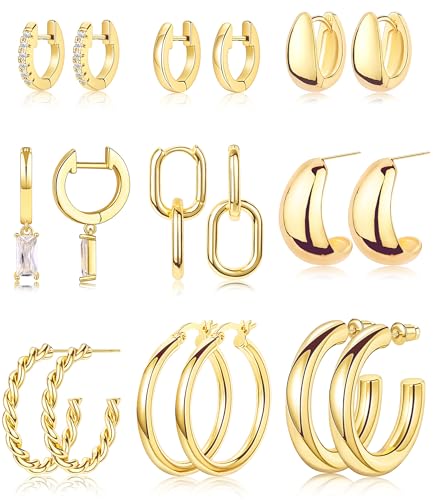 Inerney 9 Pairs Gold Hoop Earrings Set for Women Statement Dangle Studs Hypoallergenic 14K Plated Chunky Open Twisted Small Huggie Hoops Cartilage Cute Dainty Trendy Earings Fashion Prom Jewelry Gift