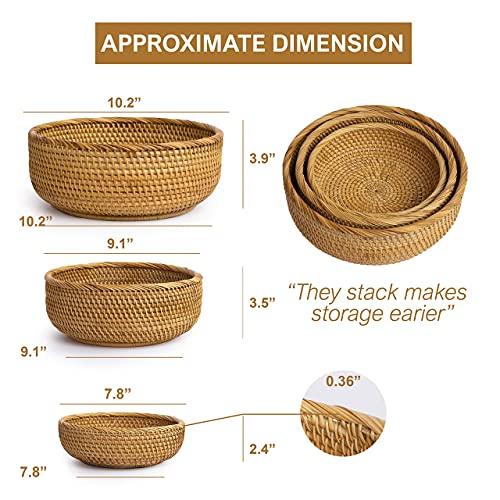 Large Bread Baskets Set For Fruit Serving Tray Organizing Potato Vegetable Small Toy Decorative Basket For Gift Storage Kitchen Countertop Natural Handmade Stackable Bowl Set Of 3 (Honey Brown) #TOP2