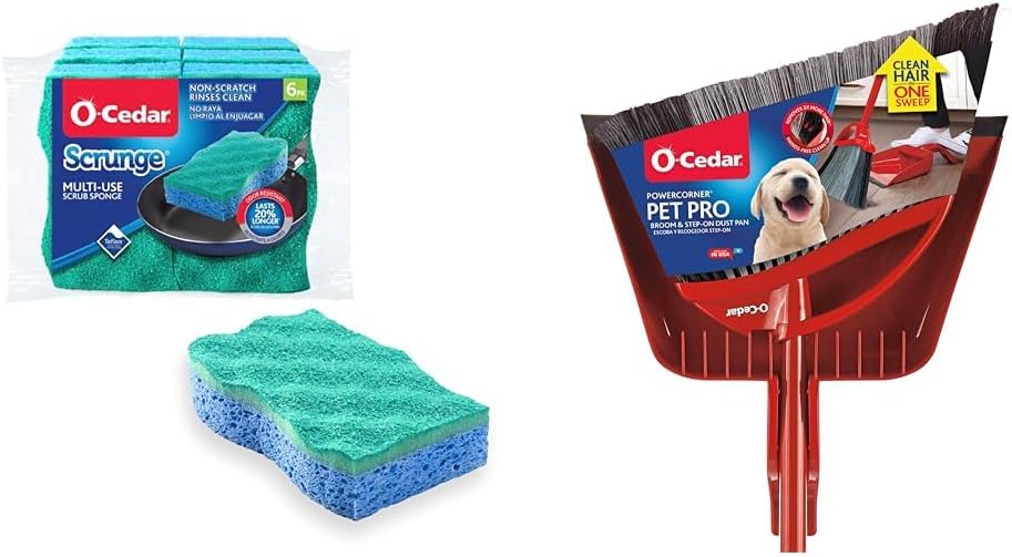 O-Cedar Scrunge Multi-Use (Pack of 6) Non-Scratch, Odor-Resistant All-Purpose Scrubbing Sponge & Pet Pro Broom & Step-On Dustpan PowerCorner, Red