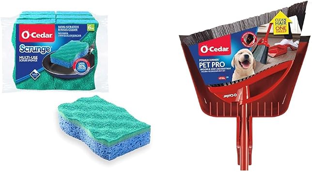 O-Cedar Scrunge Multi-Use Pack of 6 Non-Scratch, Odor-Resistant All-Purpose Scrubbing Sponge & Pet Pro Broom & Step-On Dustpan PowerCorner, Red