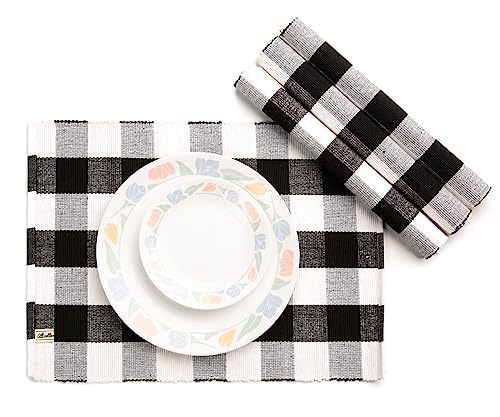 Buffalo Check Cotton Placemats Set Of 4, Buffalo Plaid Placemats 13X18 Machine Washable Black/White Tablemats For Summer, Fall Plaid Table Mats For Everyday Use, Banquet, Holiday, Special Occasion #TOP7