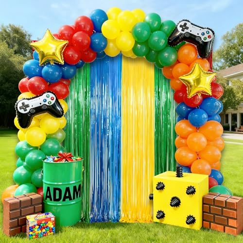 Image of 4 Packs Blue Red Green Yellow Foil Fringe Curtain, Blue Red Green Yellow Glitter Metallic Tinsel Backdrop for Birthday, Baby Shower, Video Game Theme Party Decorations Supplies