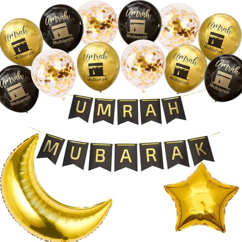 ZUIMEIHQH Umrah Mubarak Decoration 17 Pcs Ramadan Decoration Black Gold Umrah Mubarak Banner Moon Star Eid Decorations for Ramadan Party