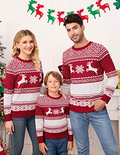 Image of MISSKY Family Christmas Sweater Crew Neck Reindeer Snowflakes Knitted Pullover for Women /Men /Kids