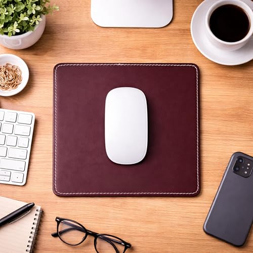 Image of Premium Mouse Pad for PC Mousepad Laptop Wireless Gaming Mouse Pad, 8 inchx8 inch Inch Non-Slip Leather Base, Waterproof Surface, Compatible with Laser and Optical Mice - Burgundy