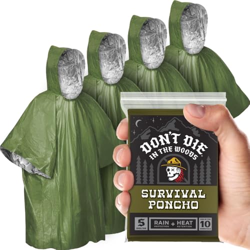 Don't Die In The Woods - Survival Poncho [4-Pack Refill] - Rain Protection + Heat Retention - Wearable Emergency Space Blanket - Hiking Camping First Aid Outdoor Gear (Green)