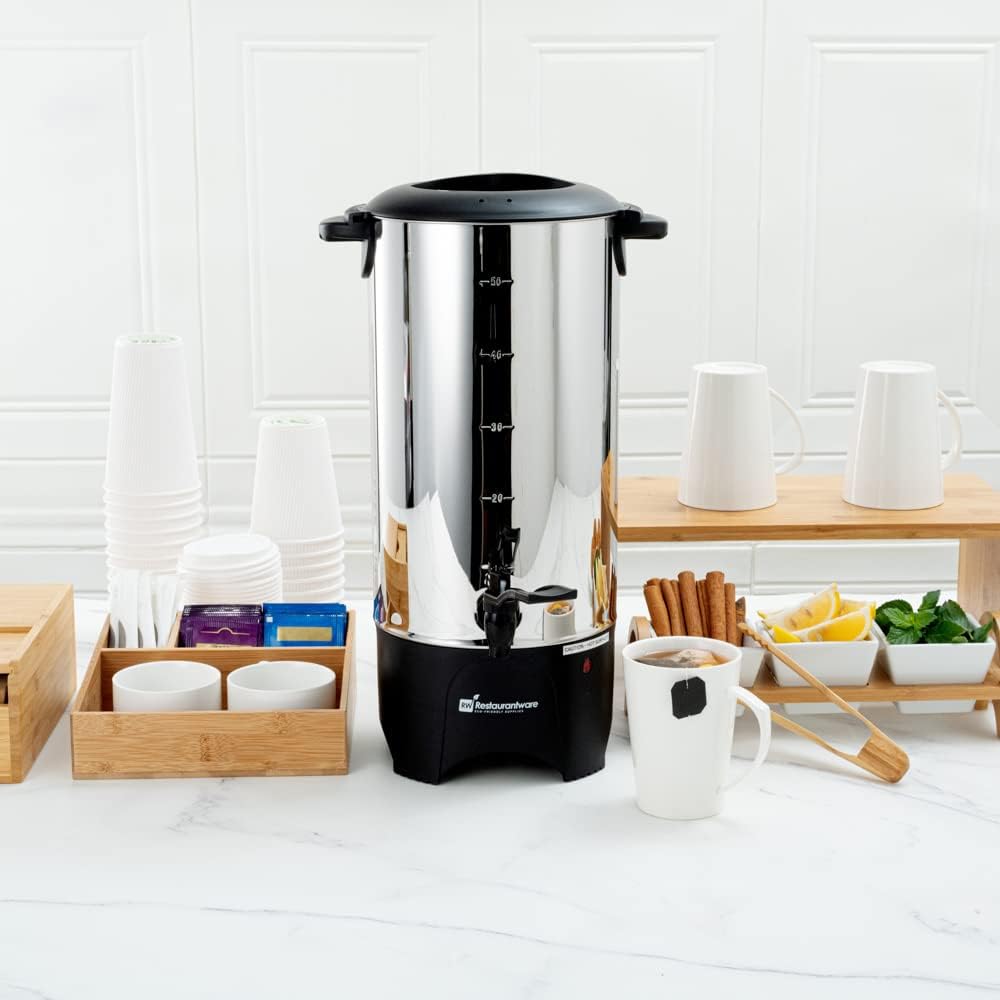 Restaurantware Restpresso 230 Ounce Coffee Dispenser 1 Single-Wall Large Coffee Urn - 120V/1000W Serves 46 Cups Silver 13/0 Stainless Steel Hot Water Urn No-Drip Spigot Sight Gauge