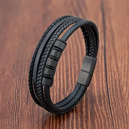 Luxury Stainless Steel Beaded Bracelet Fashion Men's Jewelry Classic Multilayer Braided Leather Bracelet Men Gift PJ5AA (Black-20.5cm)