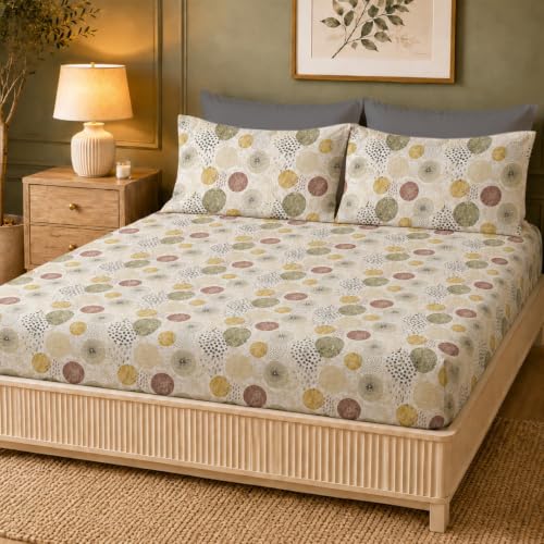 Image of LANE LINEN Symphony | 100% Cotton Sheet Set | Soft & Breathable Fabric | 3 Piece (1 Bedsheet + 2 Pillow Covers) | King Bed Sheet Set - Geometric Circle Pattern