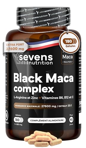Maca Noire Péruvienne – Black Maca Complex 20:1 avec L-Arginine, Zinc et Vitamines B6, B12 et C – Capsules pour énergie et vitalité – 180 capsules – Végan – Sevens Nutrition