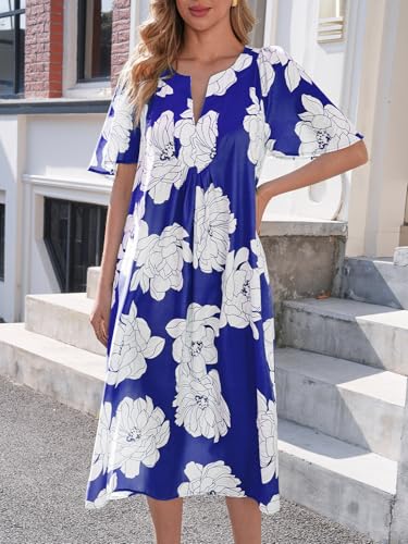 Image of Wenrine Womens Flutter Short Sleeve Maxi Dress Casual V Neck Side Slit Pleated Loose Flowy Summer Dresses