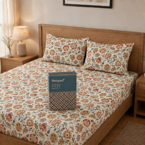 Image of Welspun Zen Microfiber Floral Double Bedsheet with 2 Pillow Covers | Percale Bed Sheet | Skin Safe, Breathable & Easy Care Bedding Set | Gift Set | Cream | 220 x 240 Cm