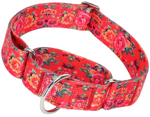Martingale Dog Collar 1.5” Width – Heavy Duty Adjustable Training Collar with Stylish Red Floral Design – Secure Fit for Medium & Large Dogs – Perfect for Walking, Hunting & Outdoor Adventures M
