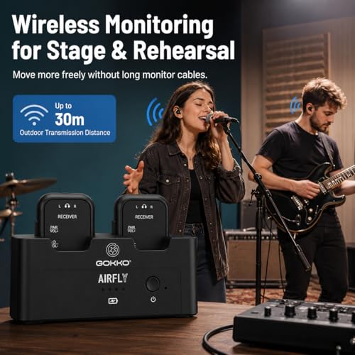 GOKKO GAF-10 Sistema de Monitor Inalámbrico In-Ear, 2.4GHz, 1 TX + 2 RX | Audio de 24-bit/48kHz, alcance hasta 30 m, modos estéreo/L/R, batería de 24h TX + 6h RX miniatura 7