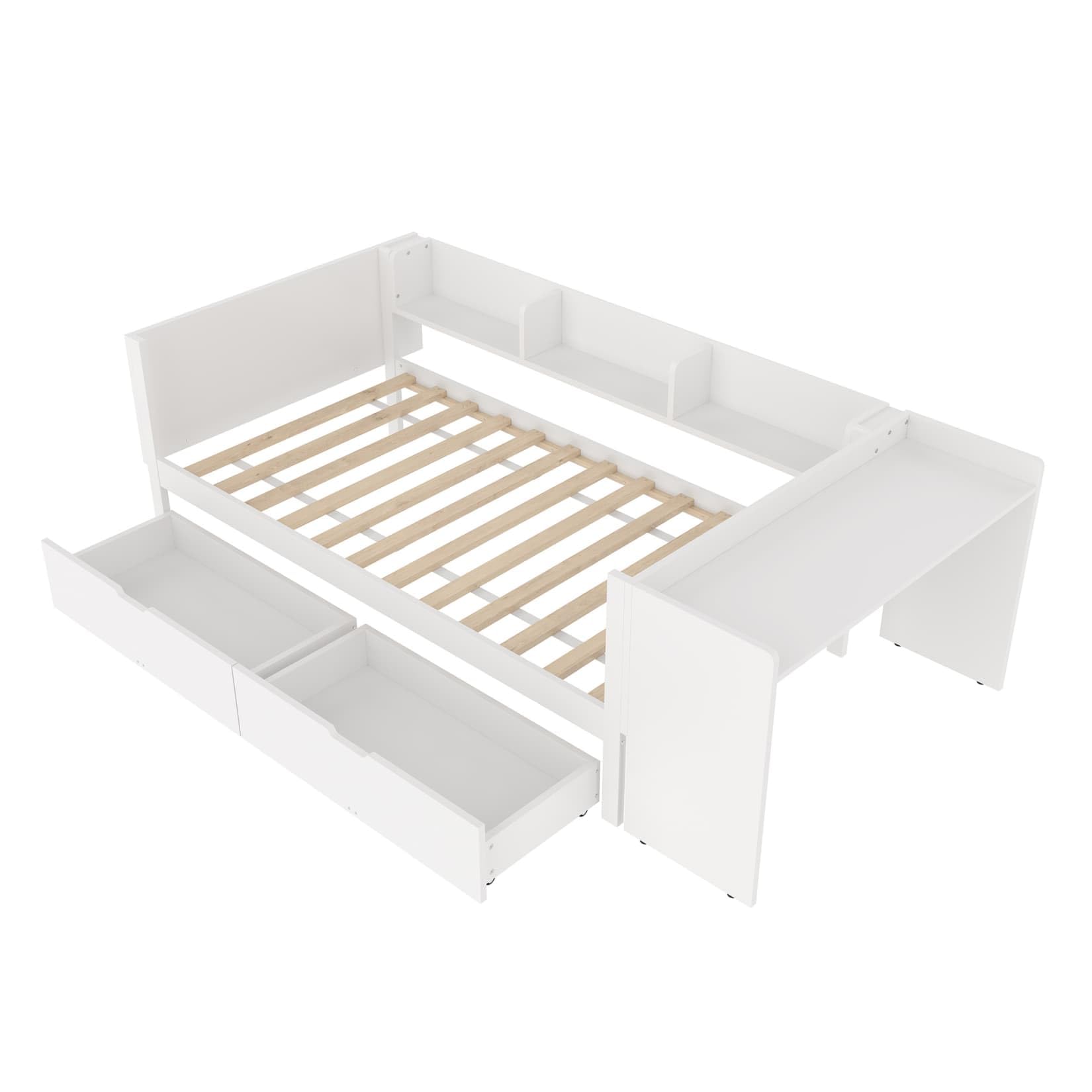 PUGSDRLY Lit 1 Place 90x200cm avec Bureau et étagères de Rangement,Lit 1 Personne avec 2 Tiroirs,Polyvalent Bed,Cadre en Bois pour Enfant Adolescent Adulte,sans Matelas (Blanc, 90x200cm)
