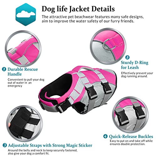 Sunfura Dog Life Jacket, Pet Swimming Vest Reflective Dog Float With Rescue Handle For Boating, Kayaking, Dog Life Vests Adjustable Safety Preserver For Small Medium Large Dogs (Pink,M) #TOP2