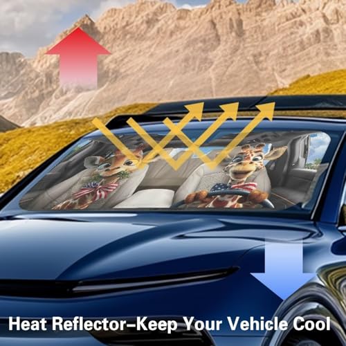 Image of 4th of July Giraffe Car Front Windshield Sun Shade Reflect UV Sun and Heat Foldable Car Windshield Sunshades Interior Accessories Sun Protection Universal Vehicle Accessories