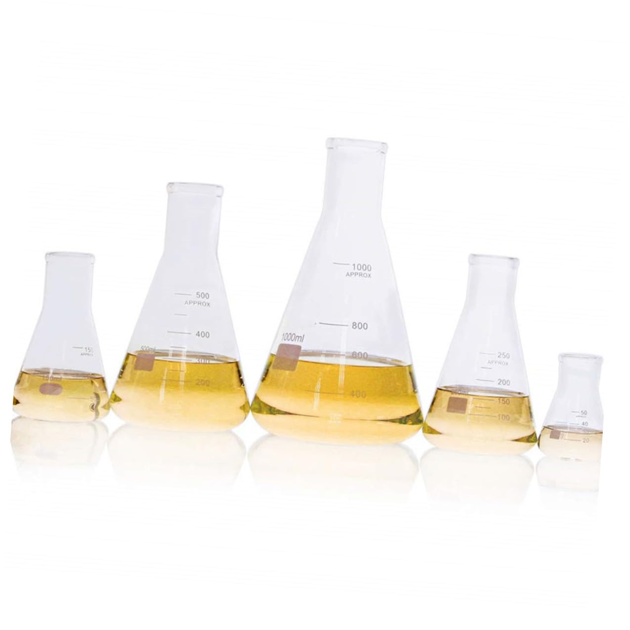 Beuta Erlenmeyer in Vetro Borosilicato a Collo Largo 5 Pezzi | Scientifica Boccetta di Vetro, 50ml 150ml 250ml 500ml 1000ml, Fondo Piatto Graduazioni Standard