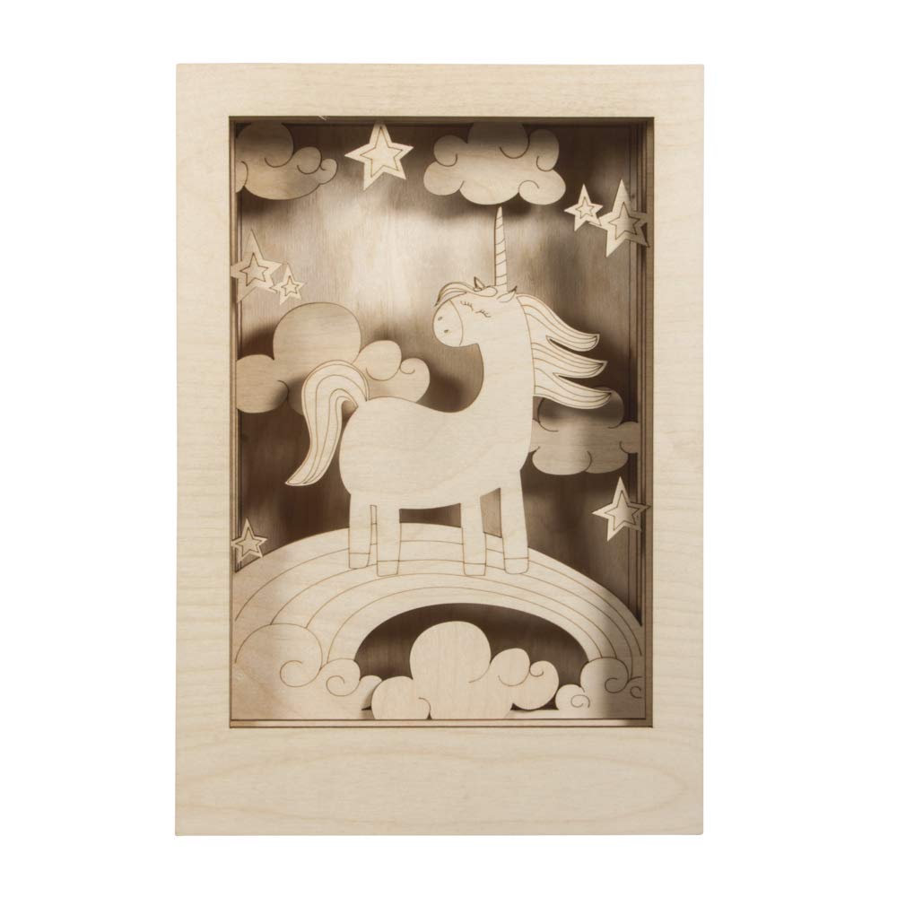 Rayher Natural Shadow Box Building Kit With Unicorn Design, 3D Scenery, Diy Wood Craft Set, 13 Slot-Together Pieces, Fsc Certified Product, 20X30x6.5cm, 62851505