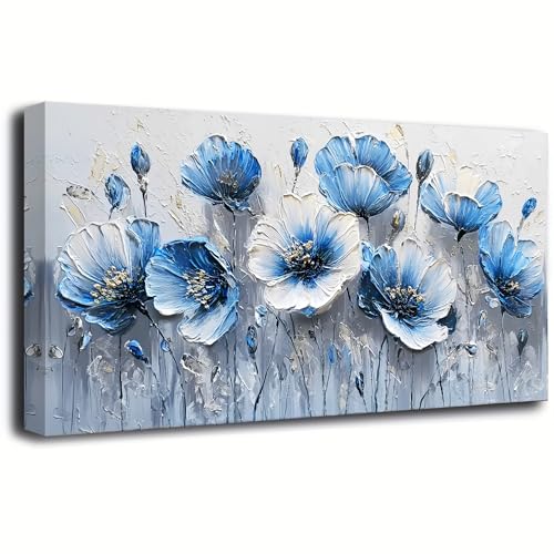 40x20 Inch Blue White Flower Wall Art Canvas Print Large Horizontal Framed...